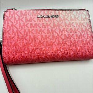 MICHAEL KORS Lg Ombré Signature Logo Double Zip Wristlet Wallet 
Hibiscus pink